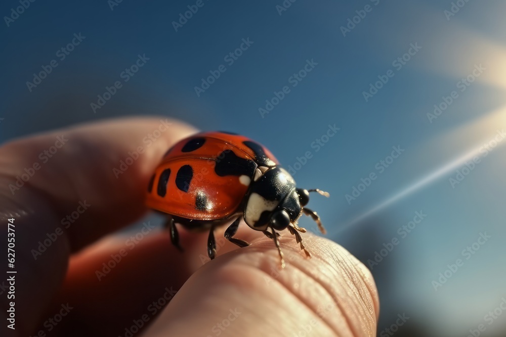 Ladybug on Fingertip Against a Serene Blue Sky Ladybug on Fingertip Against a Serene Blue Sky