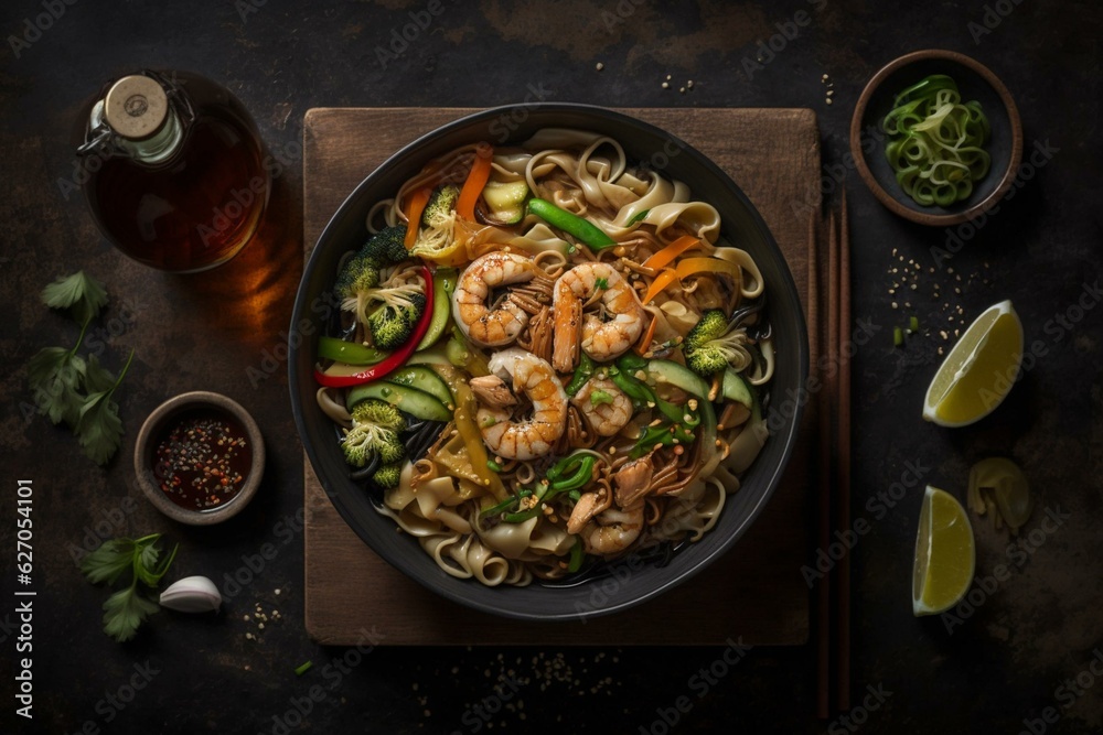 Udon noodles stir-fried with shrimp, chicken, veggies, lime, microgreens, and sesame seeds. Generative AI