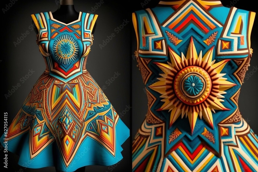 Ojos de Dios style dress inspired by Huichol art created with advanced techniques. Generative AI
