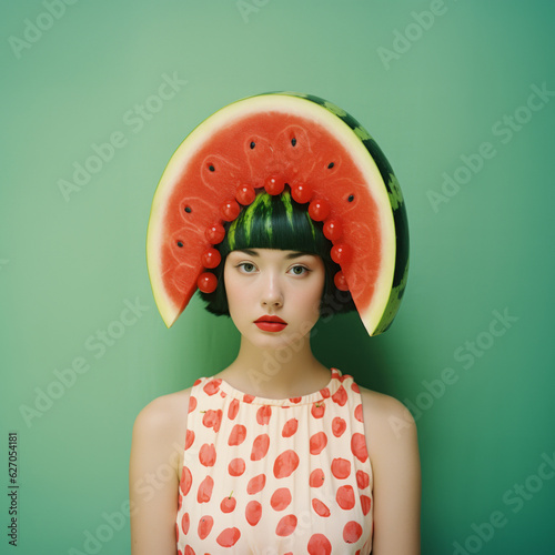 Summer dressed woman wearing a watermelon inspired hat. Red and green background. Summer freshness ai generated concept photo