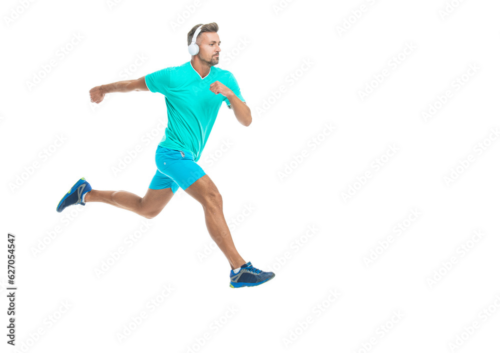 The sportsman running at full speed towards the finish line, banner. sportsman runner running isolated on white. Man sportsman running for exercise in studio. sportsman jogger running