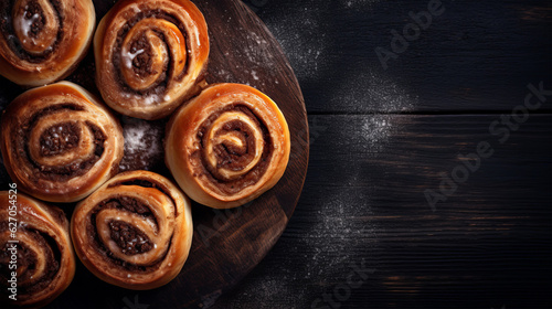cinnamon rolls on wooden table with copy space