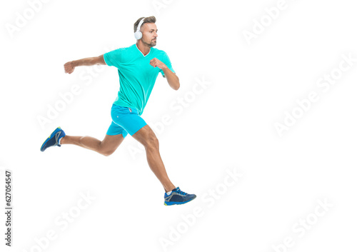 The sportsman running at full speed towards the finish line, banner. sportsman runner running isolated on white. Man sportsman running for exercise in studio. sportsman jogger running