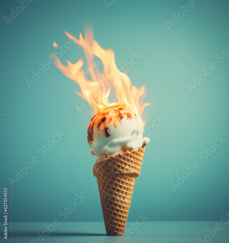 Burning vanilla ice cream melting in the cone. Summer, burning calories concept. AI generated image
