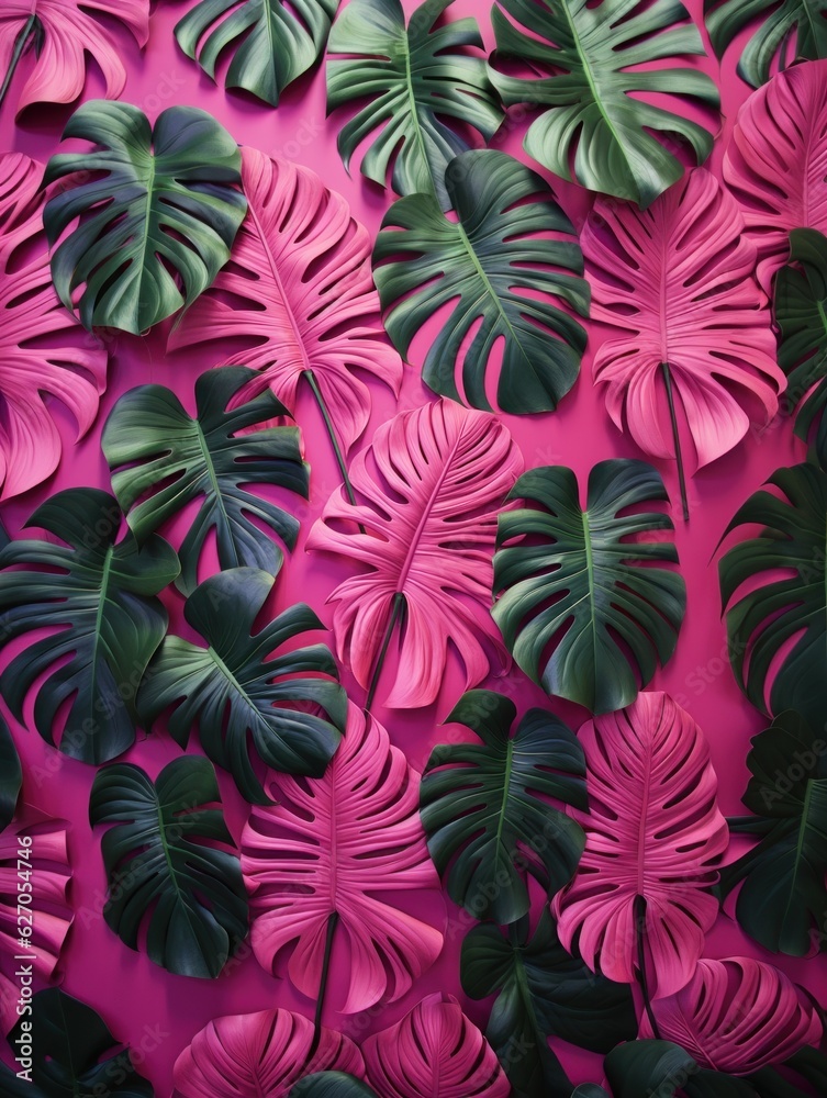 Magenta and green monstera leaves flat lay background. Fashionable summer background. AI generated image