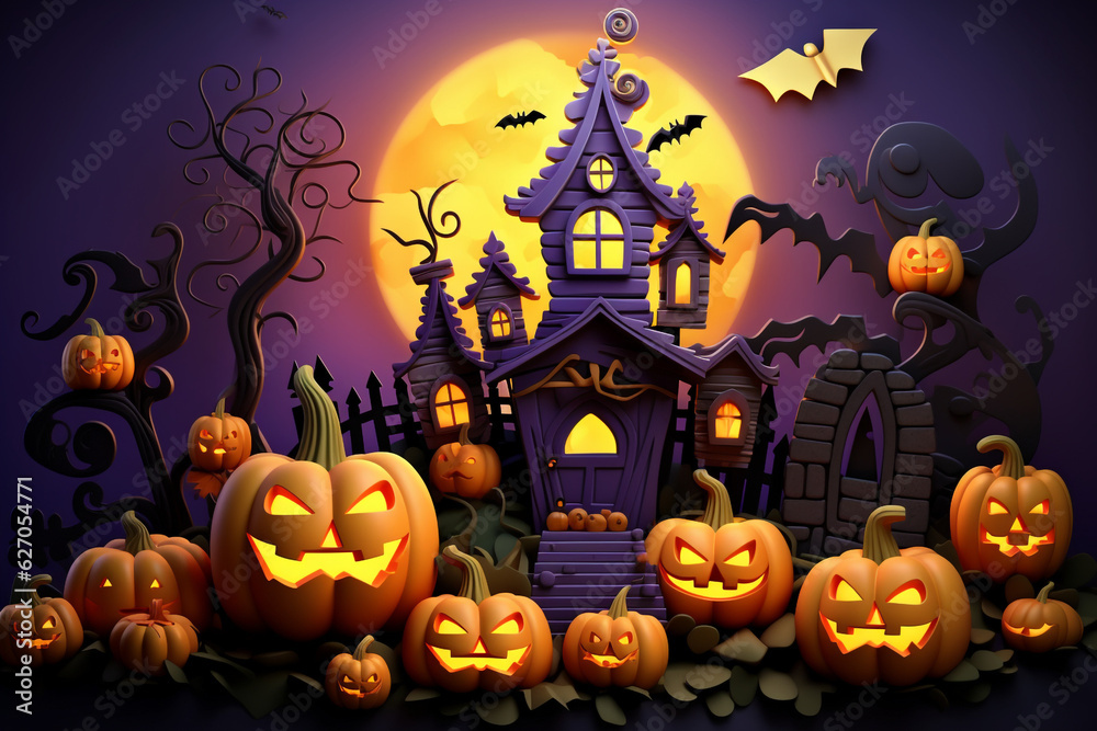 Spooky halloween illustration, pumpkins castle, dark, cartoon style for kids. High quality photo