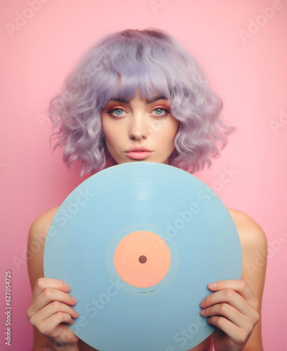 Female model holding a vinyl record in front of her. Lo-fi music, nostalgic retro wave ai generated background.