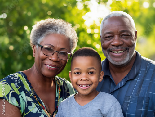 Portrait of black grandfather, grandmother, and young grandson, outdoors, smiling at the camera. Illustration created with Generative AI technology.