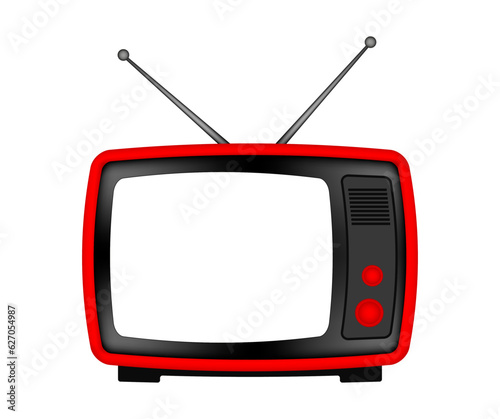 Red retro TV with antenna. Vintage television set. Old device. Transparent mockup of a screen