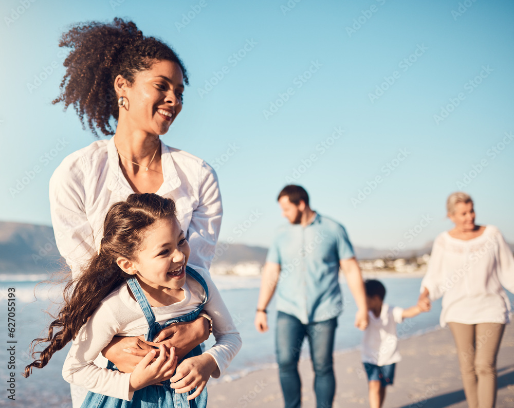 Mother, child and playing outdoor at the beach on a family vacation, holiday or adventure in summer. Excited young girl kid and a woman with fun energy, happiness and love or quality time at sea Mother, child and playing outdoor at the beach on a family vacation, holiday or adventure in summer. Excited young girl kid and a woman with fun energy, happiness and love or quality time at sea