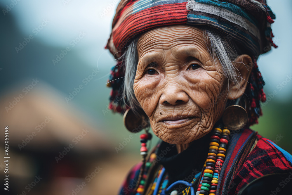 A Glimpse of  Tribe Culture. Close-Up Portrait of an Elderly Hmong Woman with Rich Heritage. AI Generative 