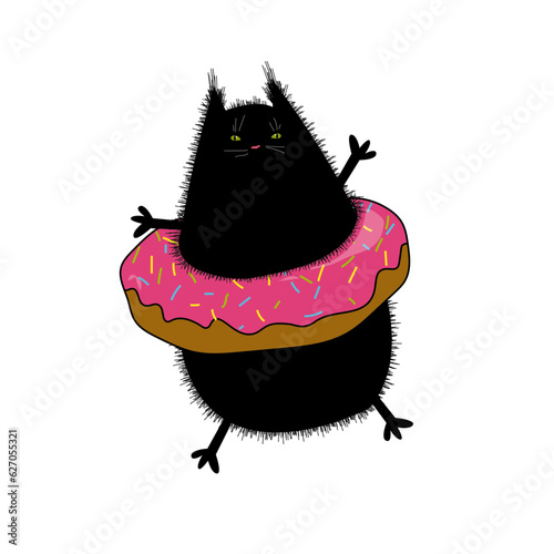 Funny black cat in donut, personage for your design 