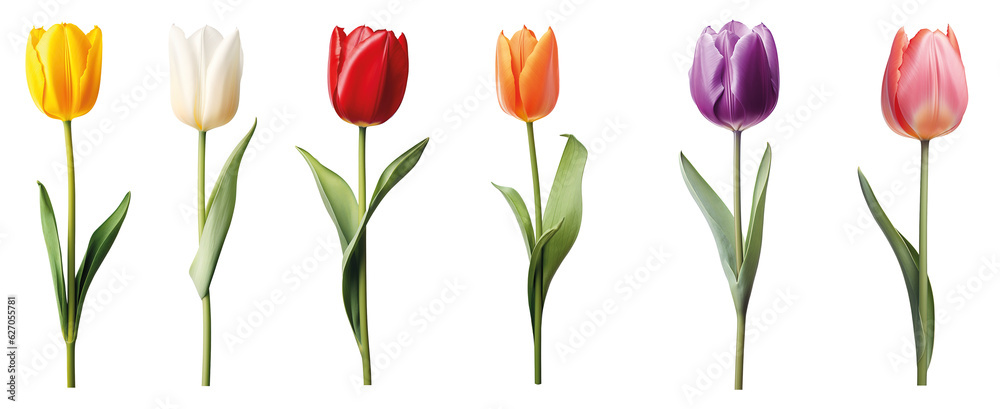 Row of colourful tulips isolated on transparent background - obrazy, fototapety, plakaty 