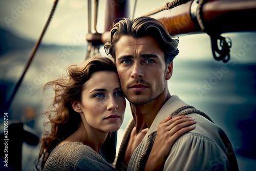 Cinematic Picture of Romantic Couple on a Vintage Sailboat, created with Generative AI technology © Snap2Art
