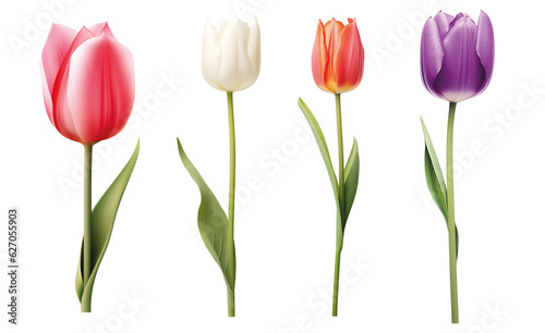 Row of colourful tulips isolated on transparent background