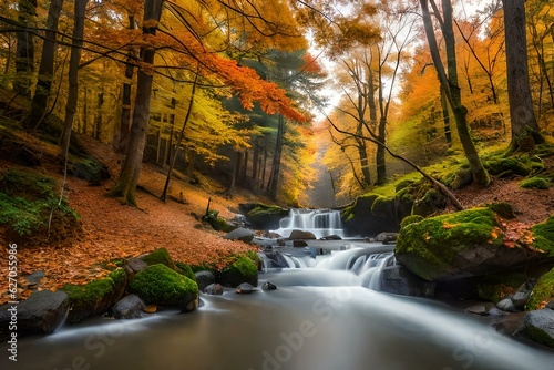 waterfall in autumn forest generated Ai. © Abdul