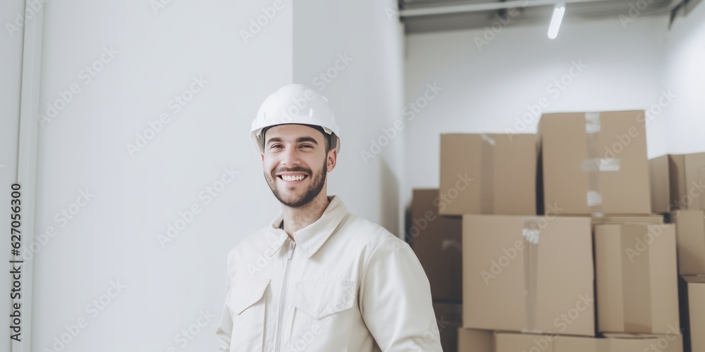 parcel messenger Smiling with Box in Busy Landscape of packages in a Secure White Warehouse parcel messenger Smiling with Box in Busy Landscape of packages in a Secure White Warehouse