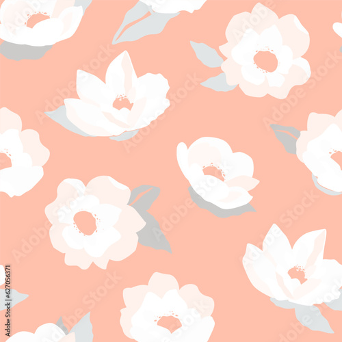 Seamless pattern with abstract delicate apple, rose, cherry blossoms, petals and buds on a pink background. Natural summer floral print. Vector graphics.
