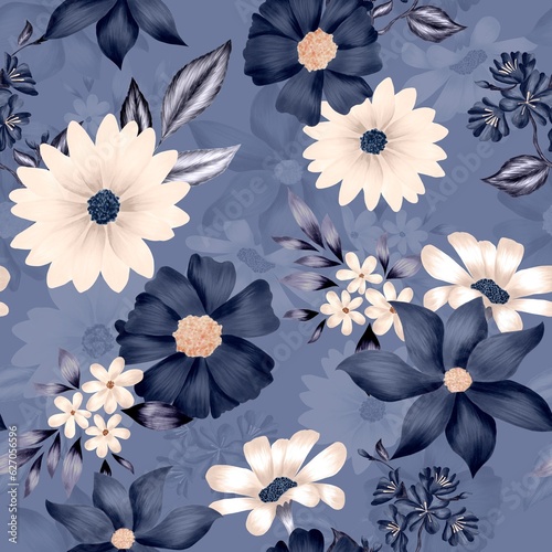 Watercolor flowers pattern  blue and white tropical elements  blue leaves  blue background  seamless