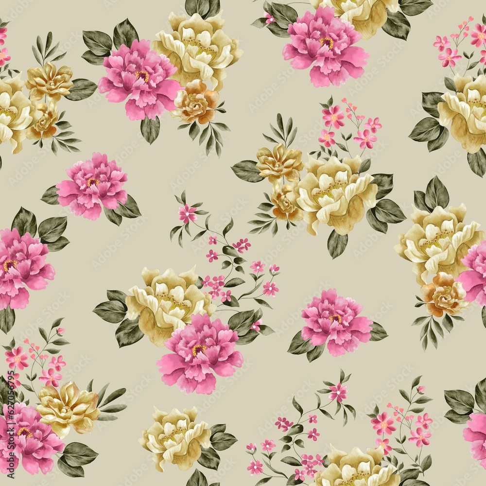 Watercolor flowers pattern, pink and yellow tropical elements, green leaves, yellow background, seamless
