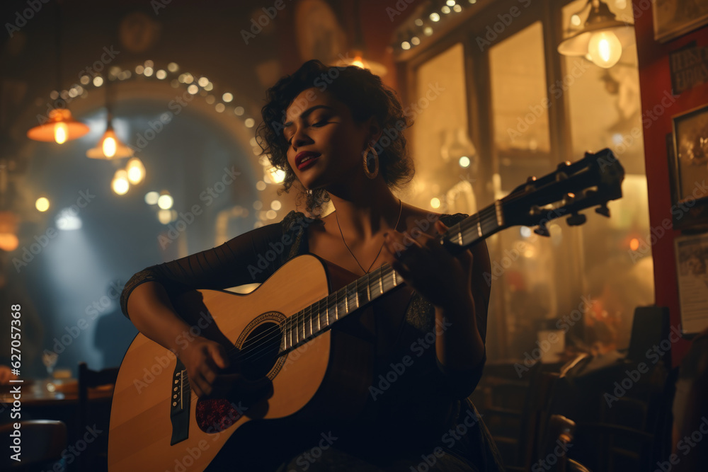 Obraz premium Passionate Acoustics. Woman with Soulful Voice Performing Intimate Concert with Guitar. AI Generative