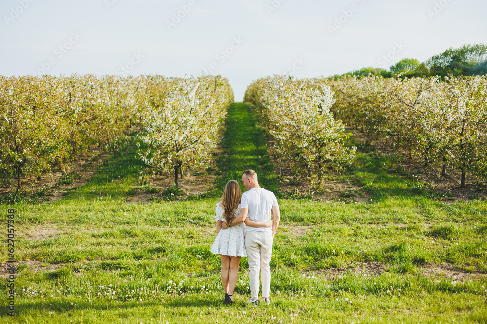 A young happy couple in anticipation of pregnancy walks through a blooming garden. Couple in love in blossoming apple trees.