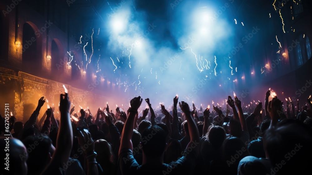 Cheering Crowd. Concert Lights. Live Concert, Rock, Party, Festival Night Club Crowd Cheering, Stage Lights and Confetti Falling. Background with a Copy Space. Made With Generative AI.