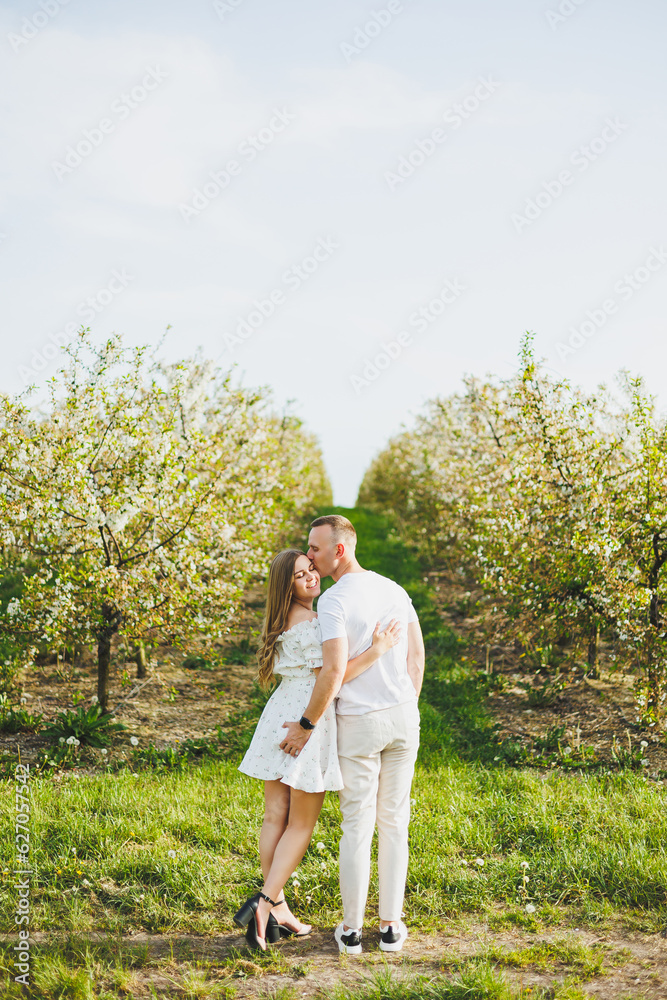 A young happy couple in anticipation of pregnancy walks through a blooming garden. Couple in love in blossoming apple trees. A young happy couple in anticipation of pregnancy walks through a blooming garden. Couple in love in blossoming apple trees.