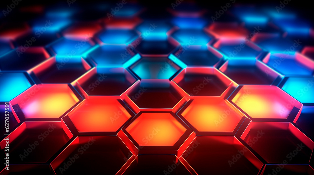 Abstract background hexagon pattern with glowing lights. Generative AI