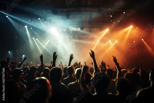 Live Concert  Rock  Party  Festival Night Club Crowd Cheering  Stage Lights and Confetti Falling. Cheering Crowd. Concert Lights. Background with a Copy Space. Made With Generative AI.