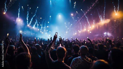 Live Concert, Rock, Party, Festival Night Club Crowd Cheering, Stage Lights and Confetti Falling. Cheering Crowd. Concert Lights. Background with a Copy Space. Made With Generative AI. © John Martin