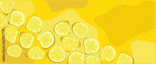 Yellow abstract background. Composition of distorted lemons on splatted stains. Summer concept, refreshing, fun and tasty. photo