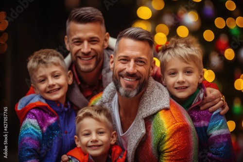 Joyful Gay Family Portrait: Dads with their kids, all smiling happily in front of Christmas lights in outdoors. AI Generative