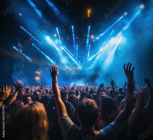 Live Concert, Rock, Party, Festival Night Club Crowd Cheering, Stage Lights and Confetti Falling. Cheering Crowd. Concert Lights. Background with a Copy Space. Made With Generative AI.