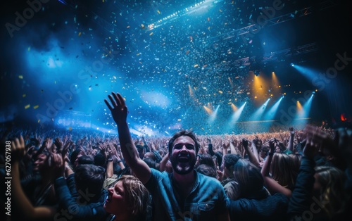 Live Concert  Rock  Party  Festival Night Club Crowd Cheering  Stage Lights and Confetti Falling. Cheering Crowd. Concert Lights. Background with a Copy Space. Made With Generative AI.