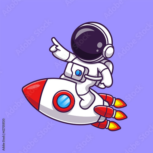Cute Astronaut Pointing On Rocket Cartoon Vector Icon 
Illustration. Science Technology Icon Concept Isolated 
Premium Vector. Flat Cartoon Style