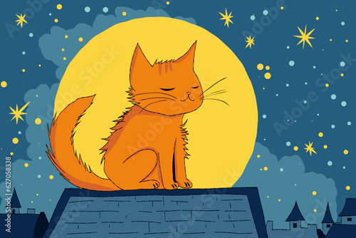 Orange cat sitting on a roof in front of the moon at night © Pixel Cat