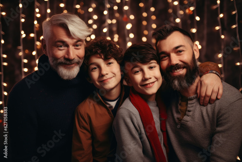 Joyful gay Family Portrait: Dad with their kids, all smiling happily in front of Christmas lights at indoor scenario. AI Generative