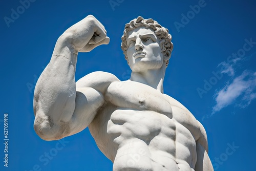 Blue sky boxer statue with raised fists. Photo generative AI