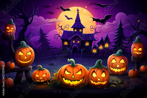 Fotografia Spooky halloween illustration, pumpkins castle, dark, cartoon style for kids