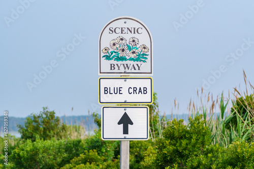 Road sign with arrow and blue crab message, Maryland scenic byway photo