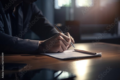 Man signs important paper documents on table in semi-darkness with scant rays of sun penetrating through window photo