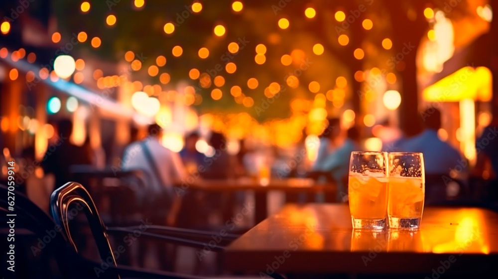 Bokeh background of street bar beer restaurant, outdoor. People sit chill out and hang out dinner and listen to music together in avenue. Generative AI Bokeh background of street bar beer restaurant, outdoor. People sit chill out and hang out dinner and listen to music together in avenue. Generative AI