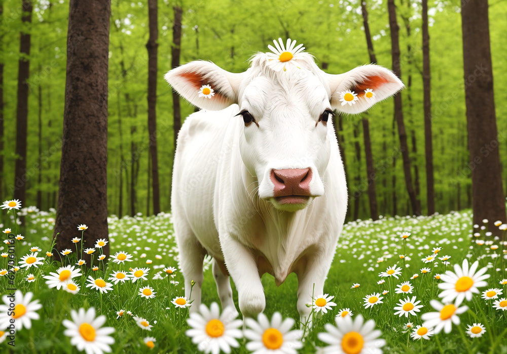Calf on the meadow with daisies and sun flare. Generative AI