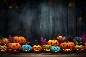 Spooky halloween illustration, pumpkins castle, dark, cartoon style for kids. High quality photo