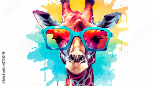Cartoon colorful giraffe with sunglasses on white background. Generative AI