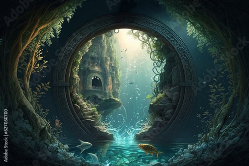 A portal to a magical water fantasy world illustrated digitally. Generative AI