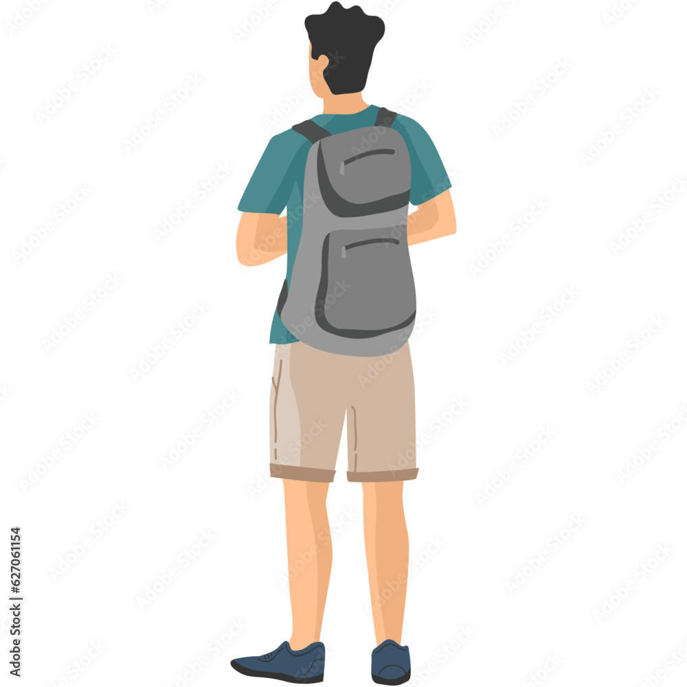 Man tourist with backpack backside vector icon