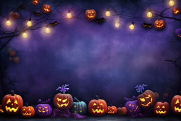 Spooky halloween illustration, pumpkins castle, dark, cartoon style for kids. High quality photo