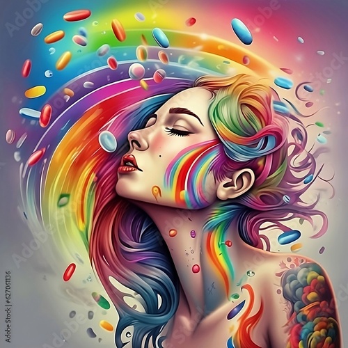 Women emotional with migrant  mental health. Explore the emotional journey of a woman in vivid colors  expressing feelings of depression and seeking solace in fantasy and tattoo art.